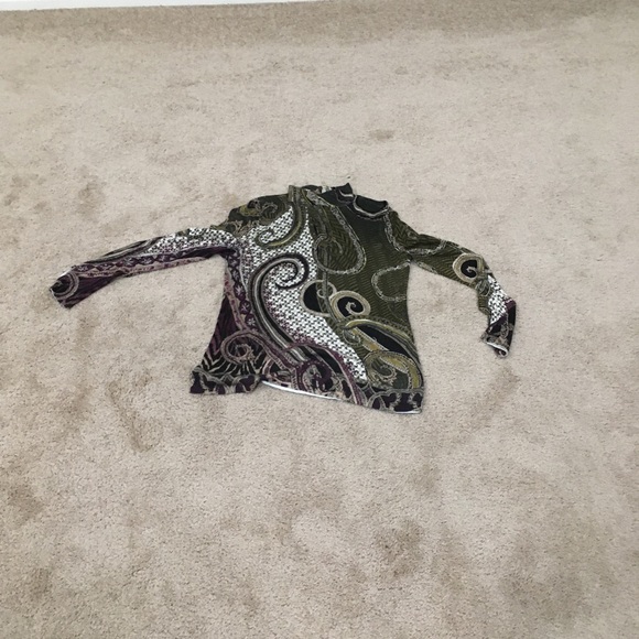 Chico’s (0) m deep green purple artsy swirl print mockneck back zip - Picture 8 of 10